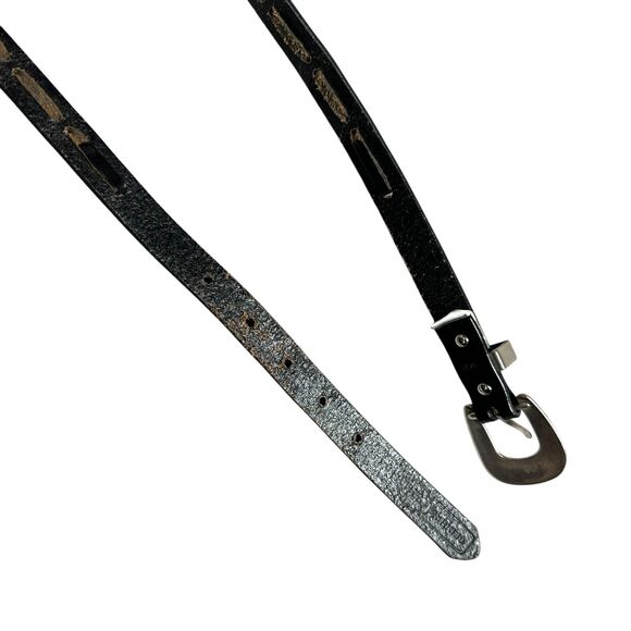 Fossil Black Leather Belt Narrow Silver Tone Metal Plates Womens Size S Western